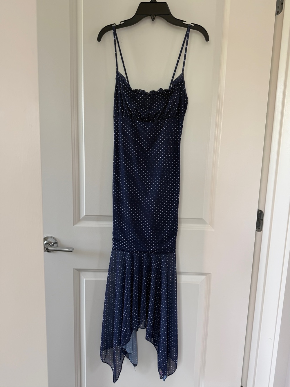 21 Saints Women's Size Small Long Dress Mesh Navy And White Polka Dot Print NWOT